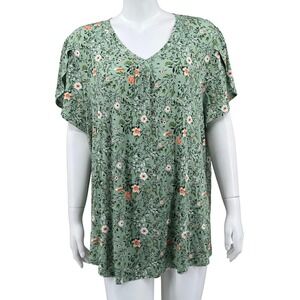 Bestbee Top Womens 3XL Green Floral V-Neck Short Sleeve Stretch Spring‎ Romantic